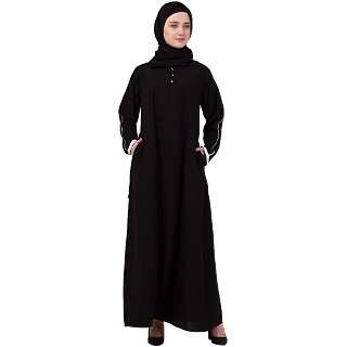 A-line abaya with piping at sleeves-Black-white